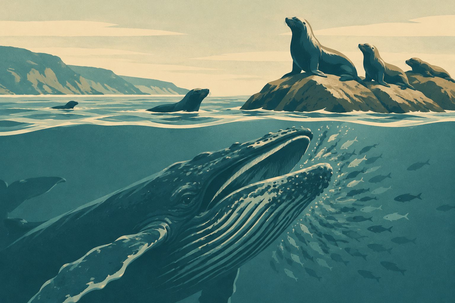 Abstract editorial illustration accompanying the article: Humpback whales feed more often when California sea lions are nearby