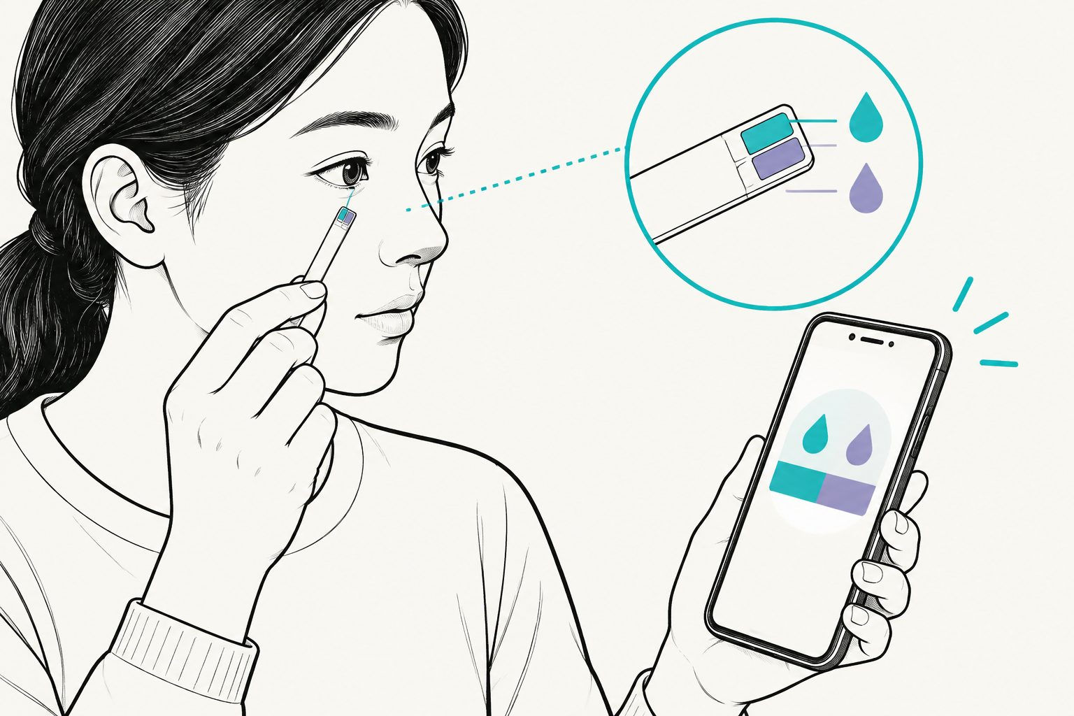 Abstract editorial illustration accompanying the article: A smartphone strip reads tear glucose and pH in 30 seconds