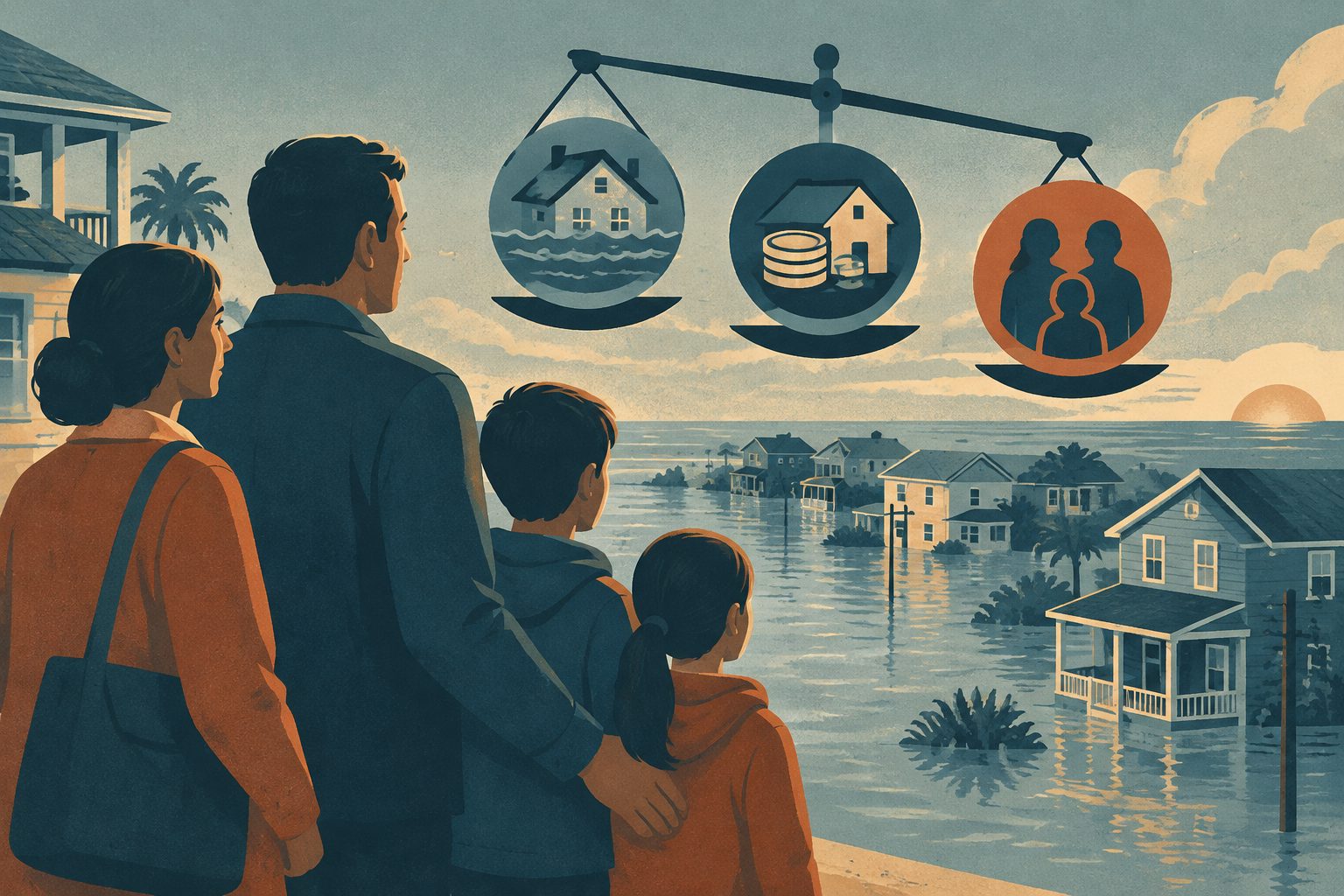 Abstract editorial illustration accompanying the article: Coastal residents weigh flood damage, costs and family ties when considering a move