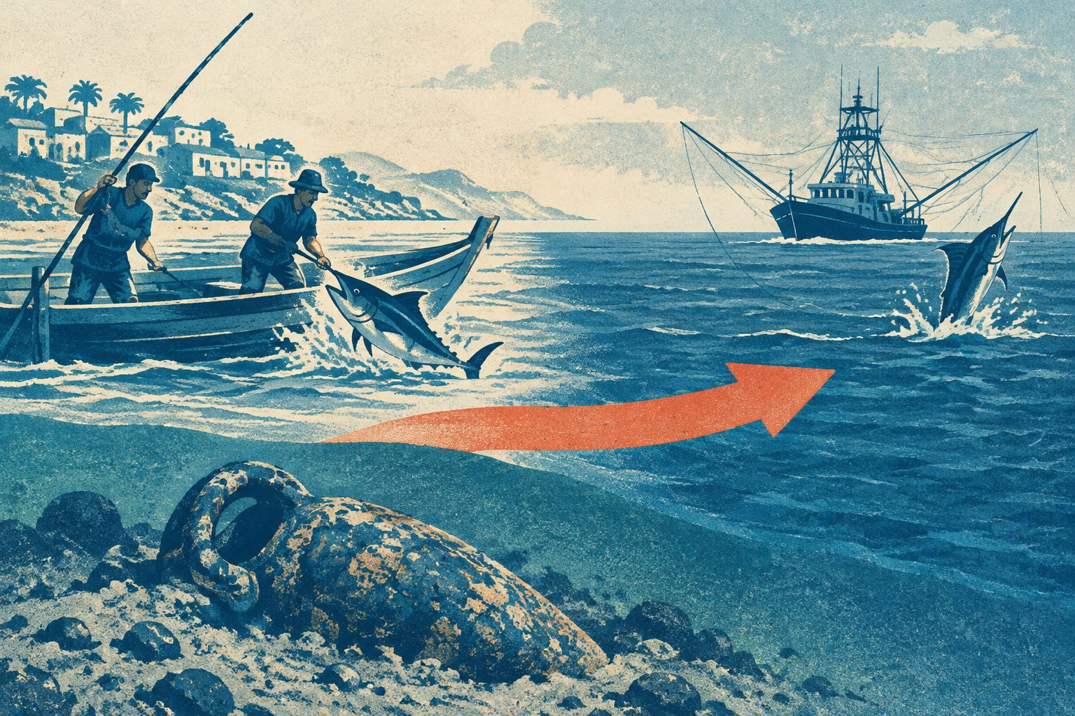 Abstract editorial illustration accompanying the article: Tuna and billfish fishing moved offshore mainly in the past 200 years