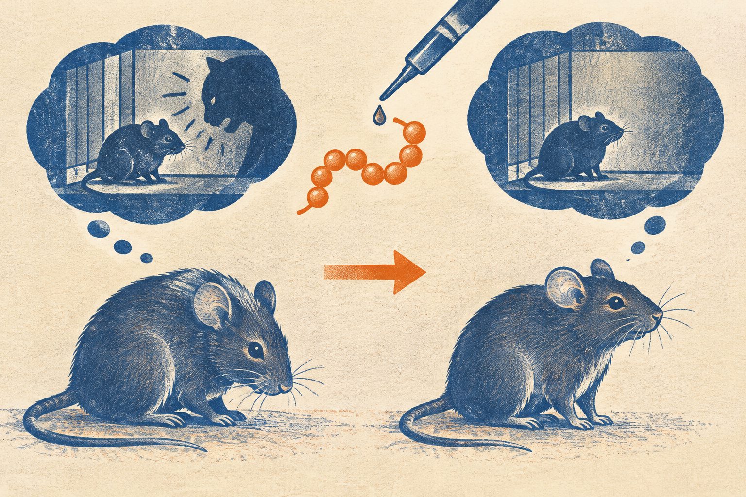 Abstract editorial illustration accompanying the article: A peptide reduced persistent traumatic memories in mice