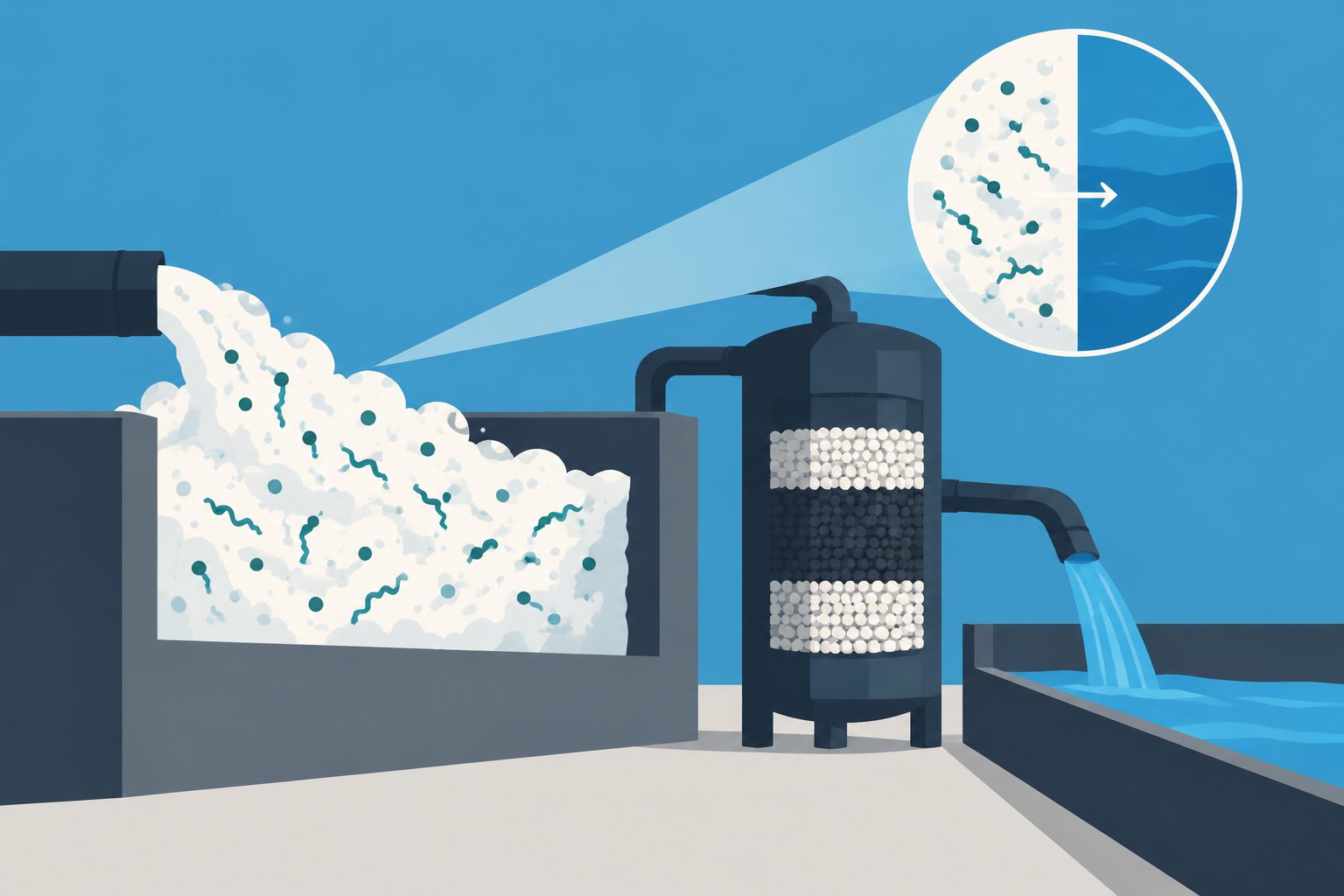 Abstract editorial illustration accompanying the article: Pilot wastewater system destroyed more than 99% of PFAS in concentrated foam