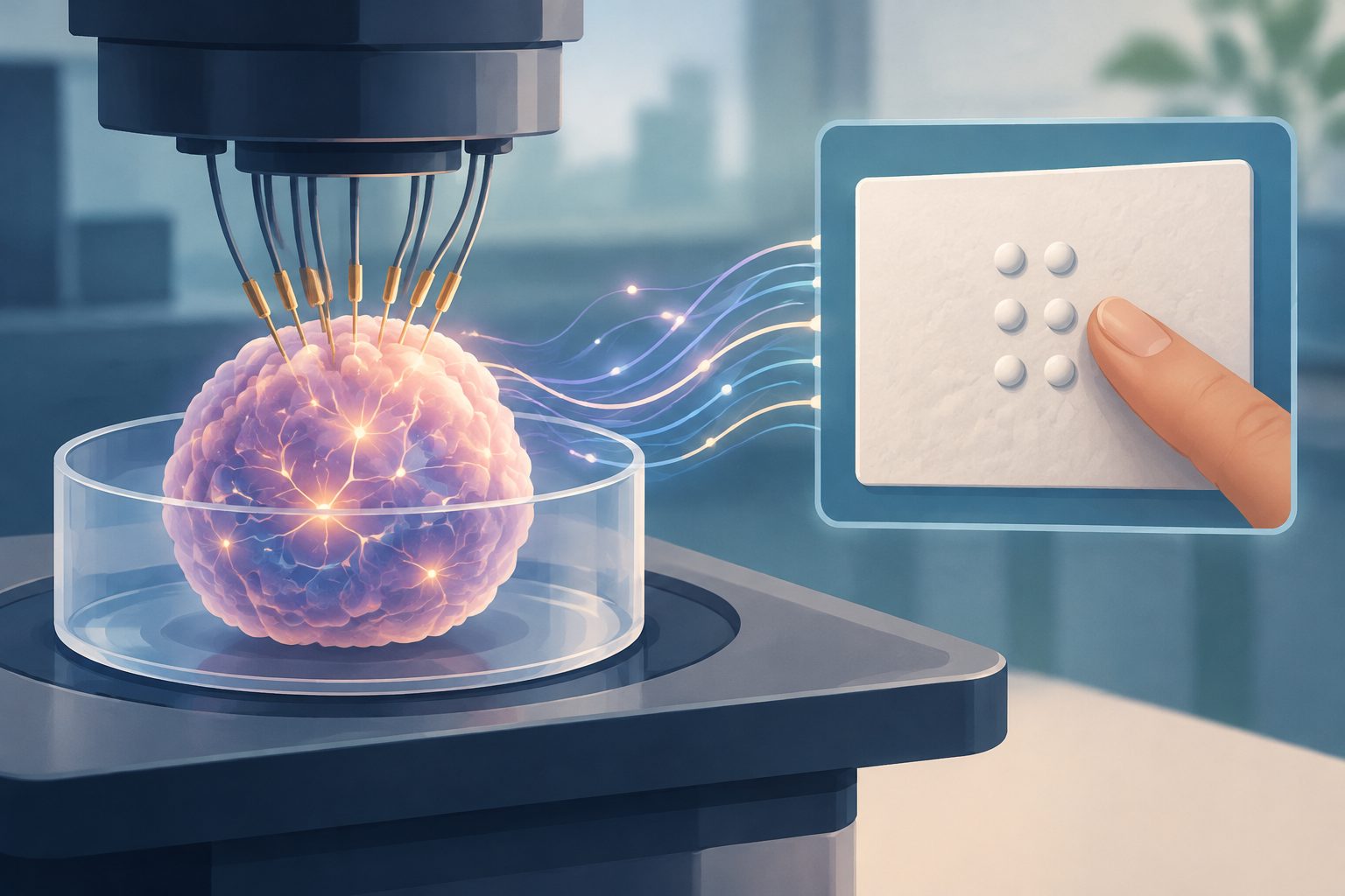Abstract editorial illustration accompanying the article: Human brain organoids classified Braille letters with up to 83% accuracy