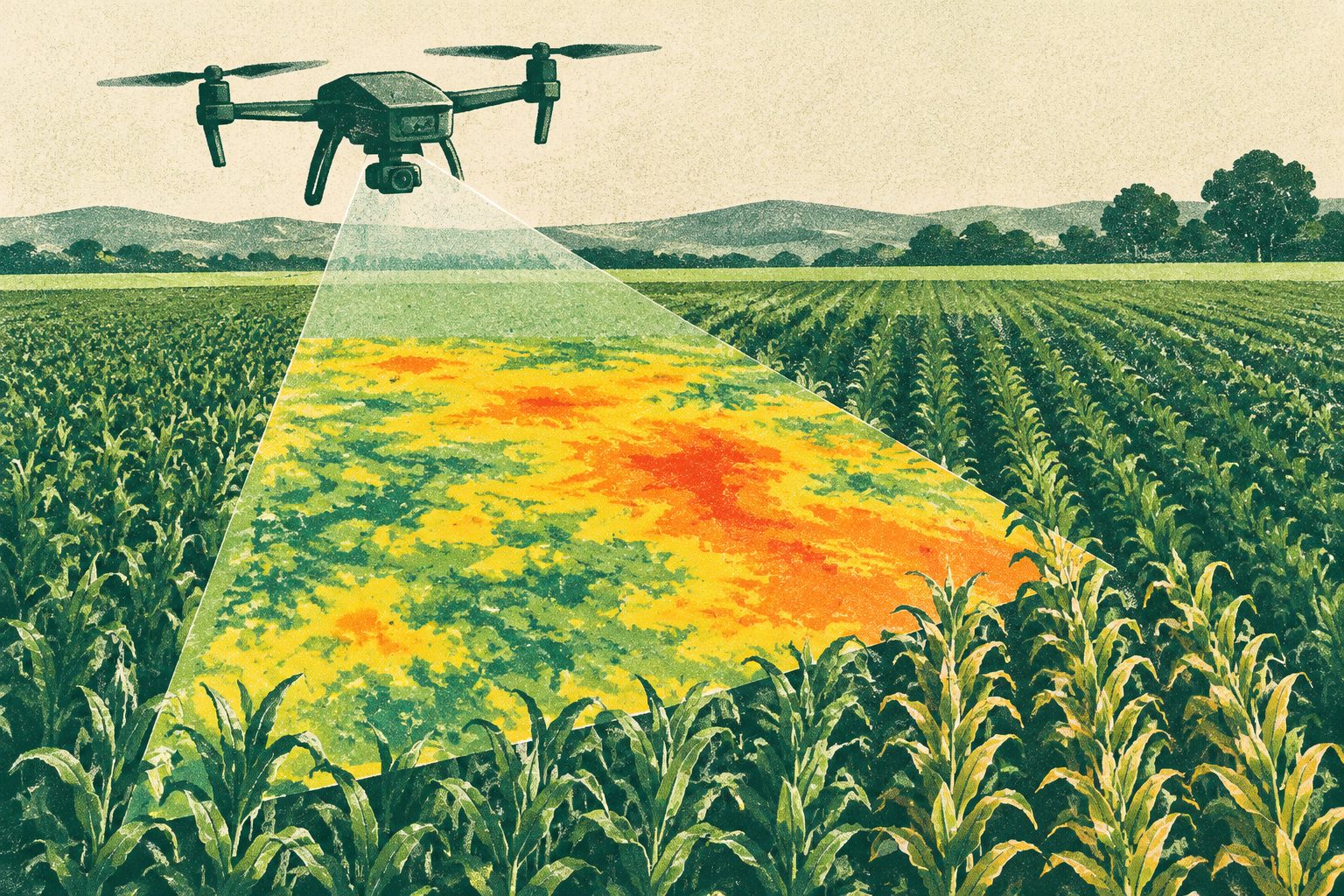 Abstract editorial illustration accompanying the article: Drone maps spotted crop water stress before other plant measures changed