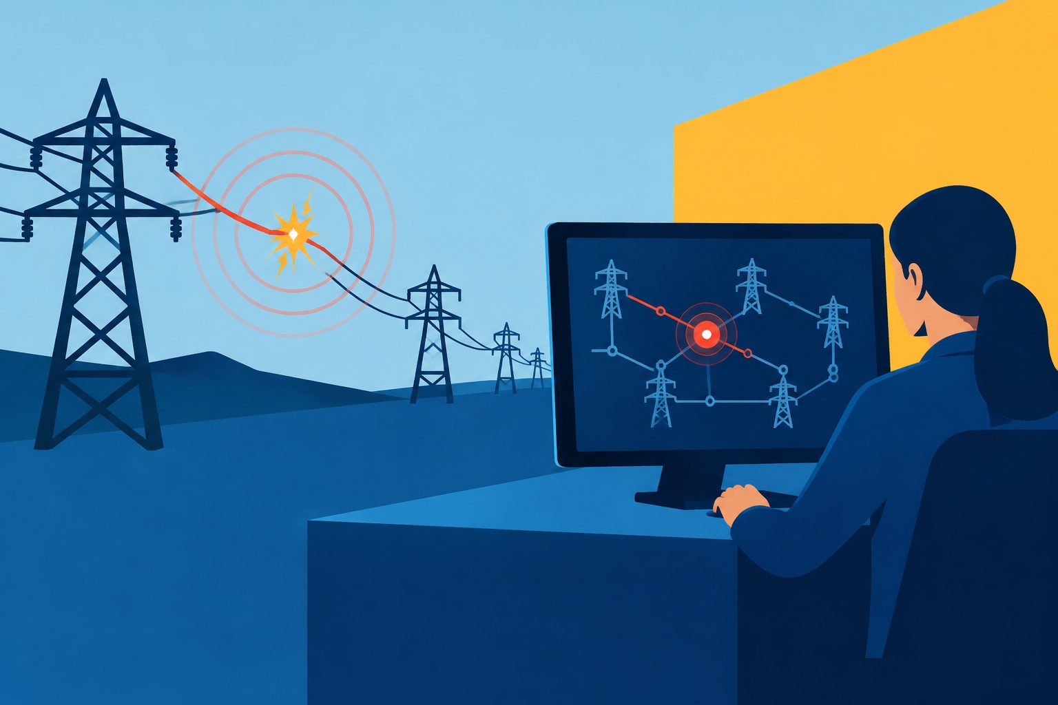 Abstract editorial illustration accompanying the article: A simulated power grid predicted injected faults in under a second