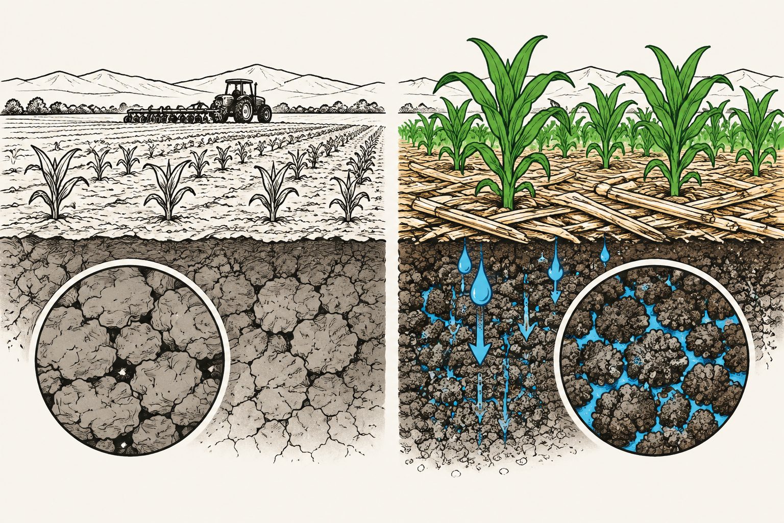 Abstract editorial illustration accompanying the article: Twenty years of no-till farming improved Central Valley soil structure and water holding