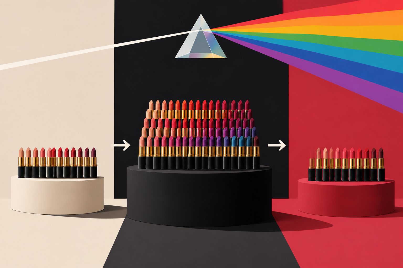 Abstract editorial illustration accompanying the article: Chanel’s lipstick range grew from 12 colors to 55, then shrank
