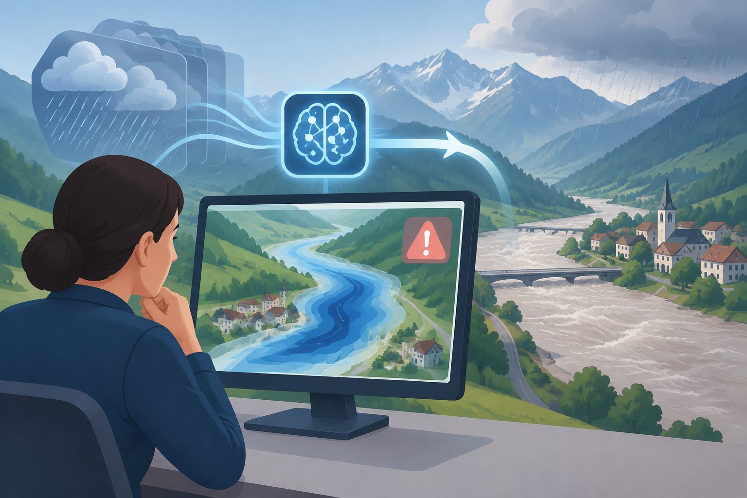 Abstract editorial illustration accompanying the article: Uncertainty helped an AI system issue better flood warnings in Swiss tests