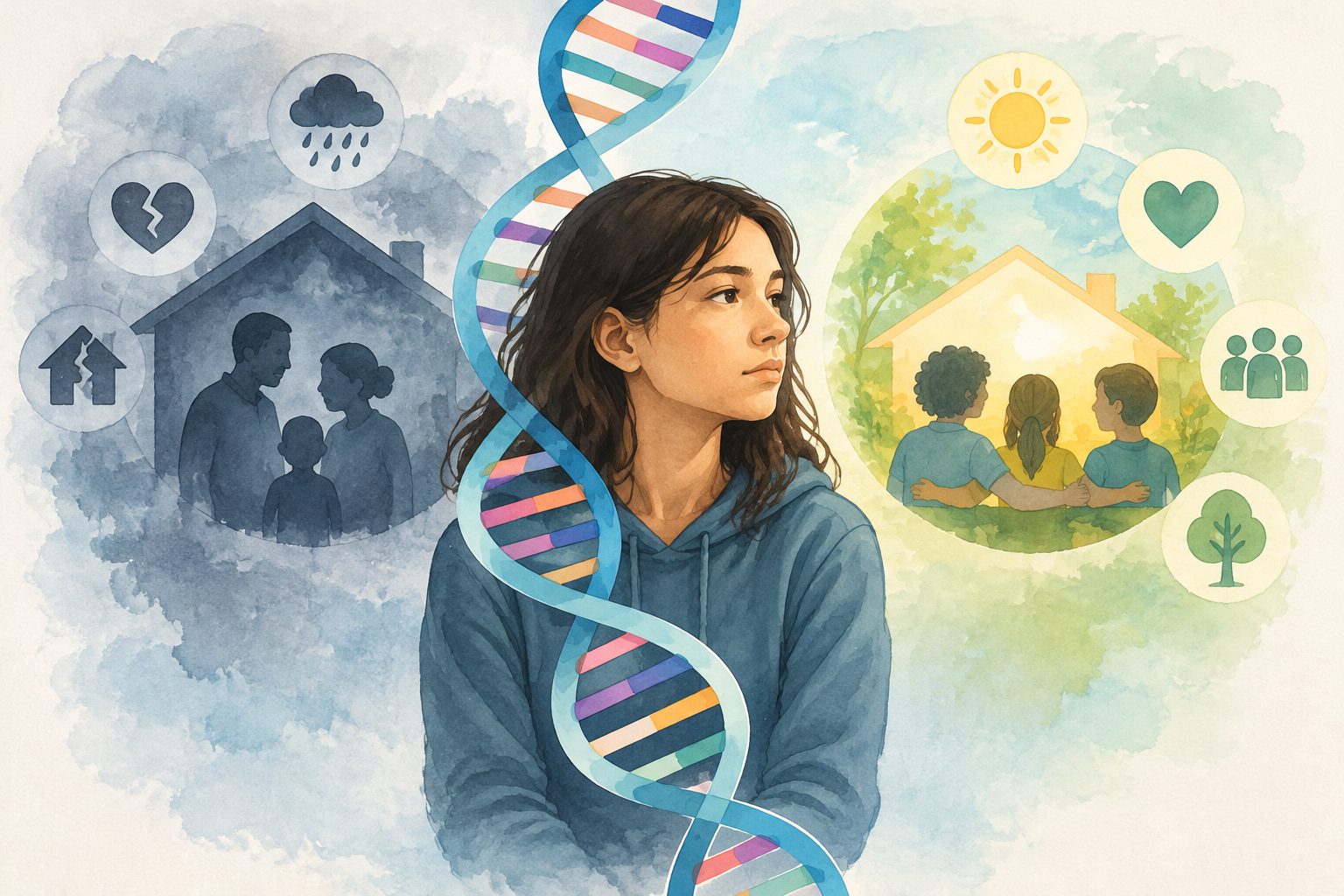 Abstract editorial illustration accompanying the article: Genetic risk in young people tracks with household adversity and fewer positive experiences