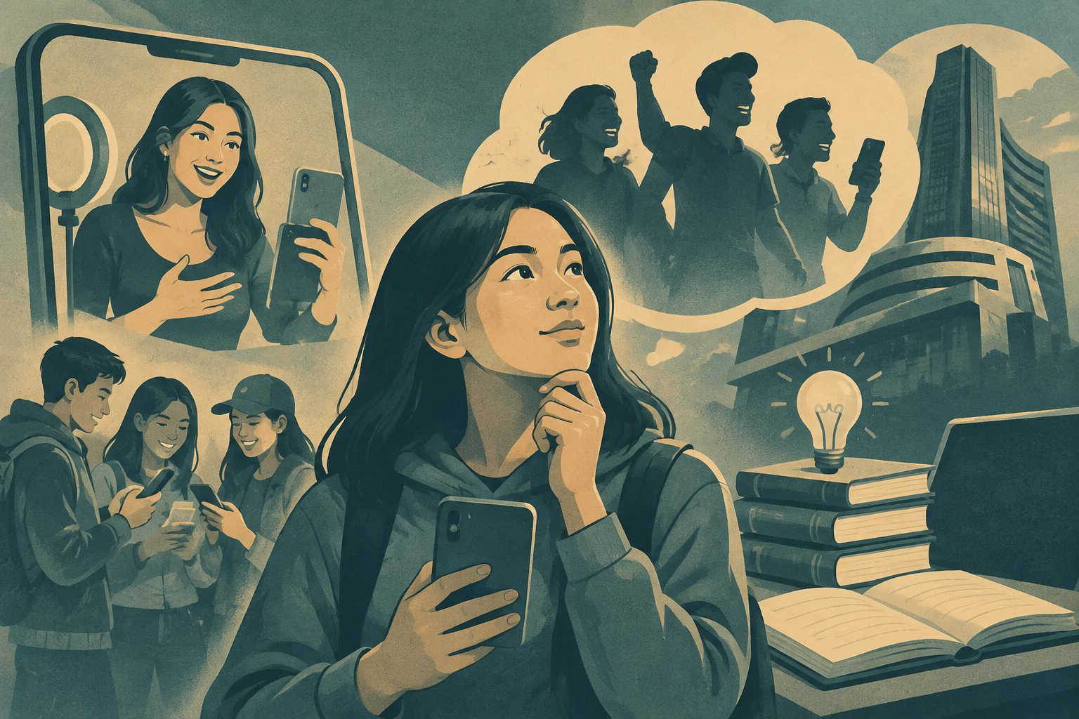 Abstract editorial illustration accompanying the article: In Medan, influencers, fear of missing out and financial knowledge link to Gen Z IPO interest