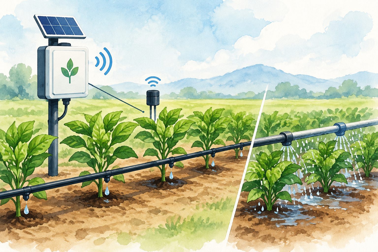 Abstract editorial illustration accompanying the article: An AI irrigation system cut water use by up to 38% in field tests