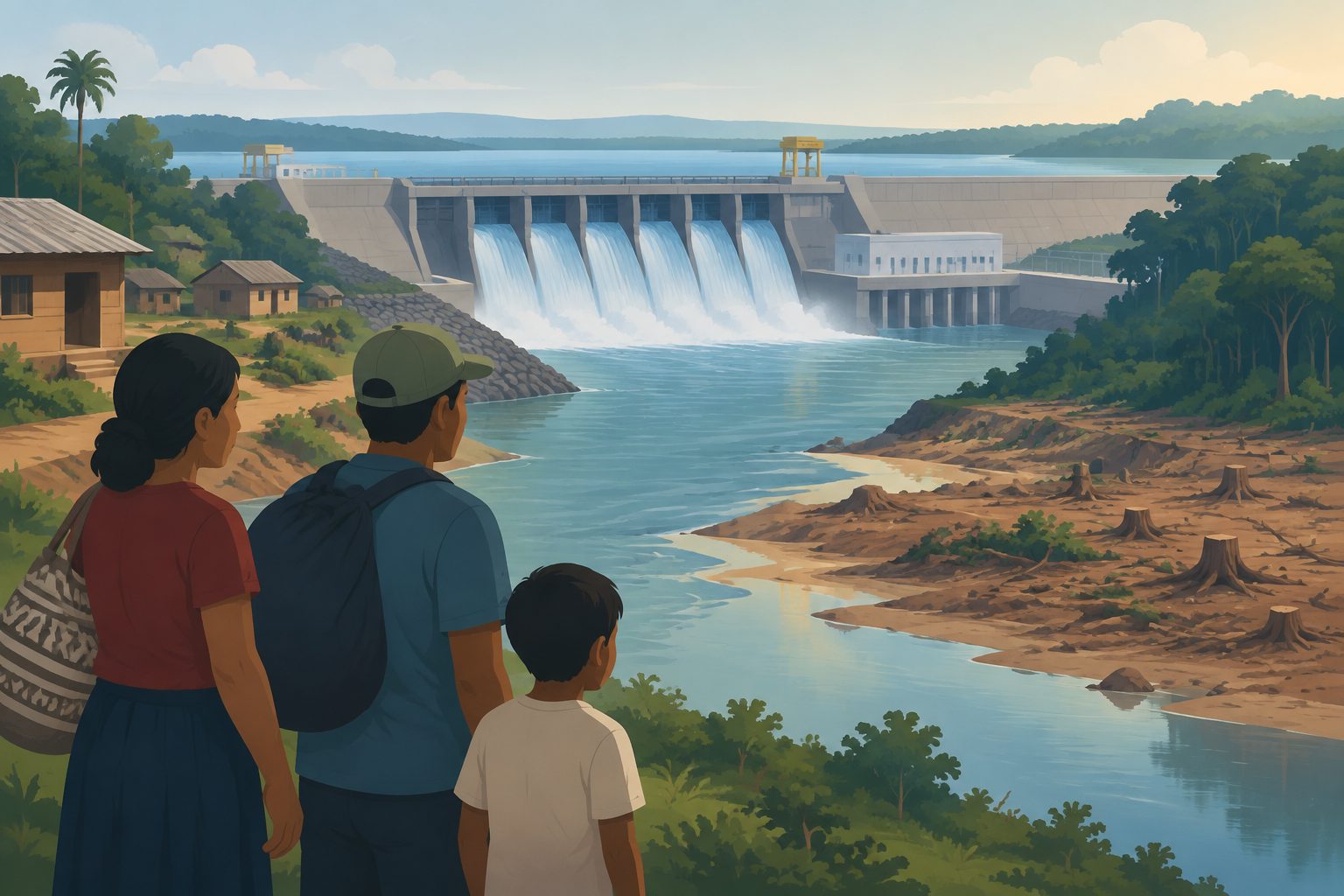 Abstract editorial illustration accompanying the article: Belo Monte’s power came with social and environmental costs, study finds
