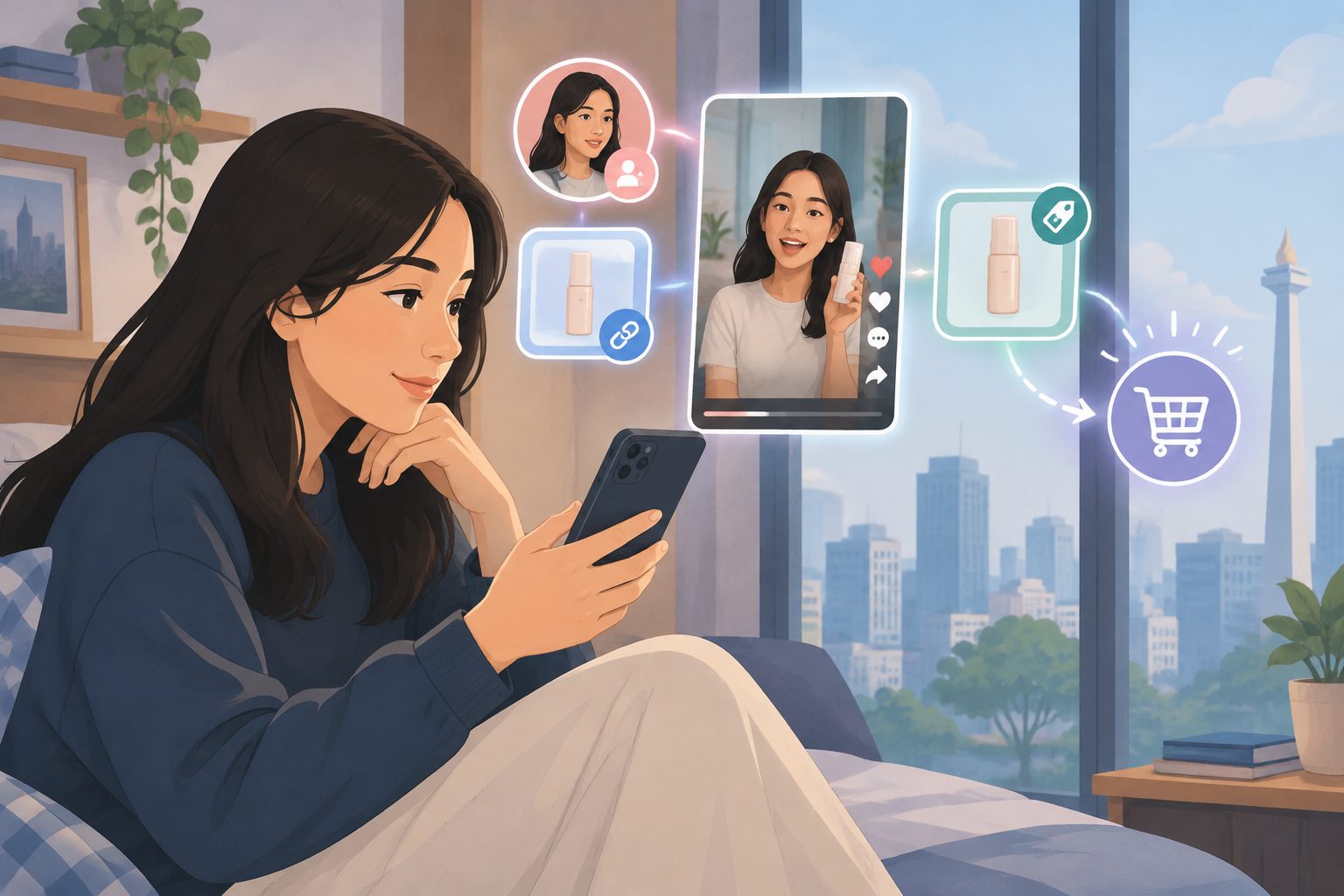 Abstract editorial illustration accompanying the article: For Jakarta’s Gen Z TikTok users, affiliates and prices were linked to buying interest