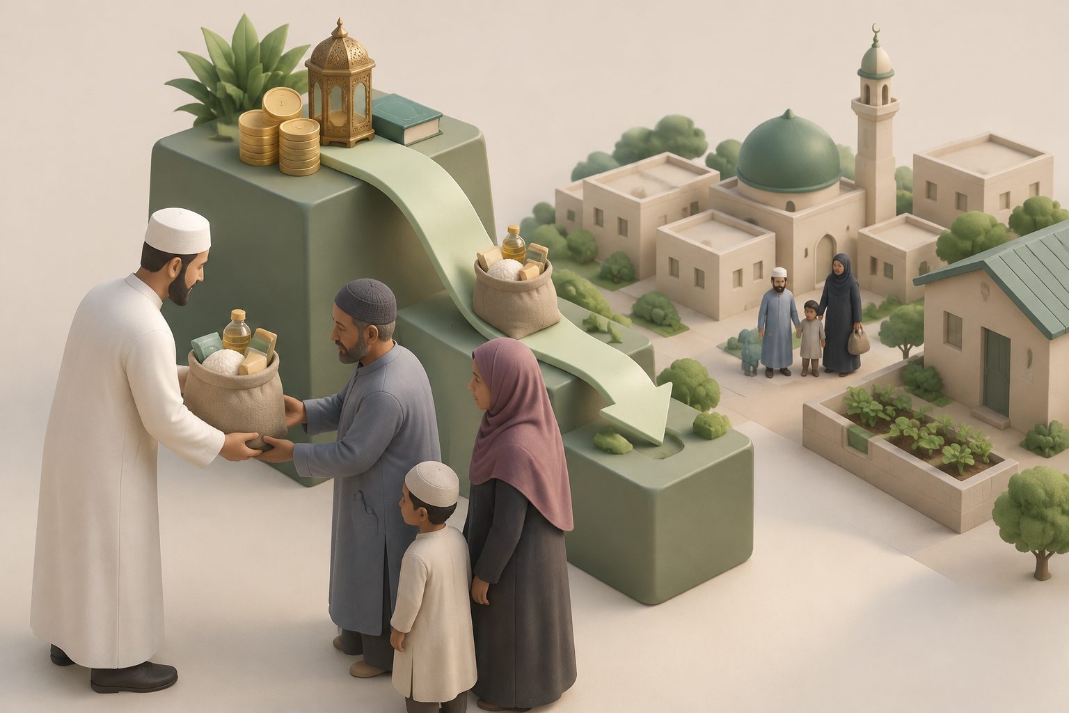 Abstract editorial illustration accompanying the article: Zakat redistribution linked to lower poverty and inequality, study finds