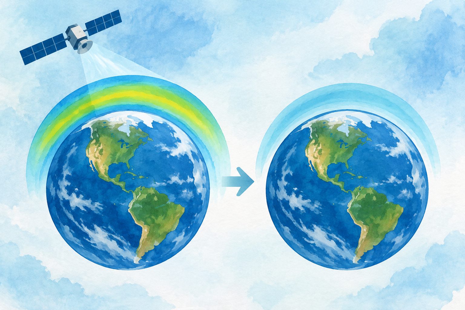 Abstract editorial illustration accompanying the article: Satellite records show tropospheric ozone fell across most of the world since 2005