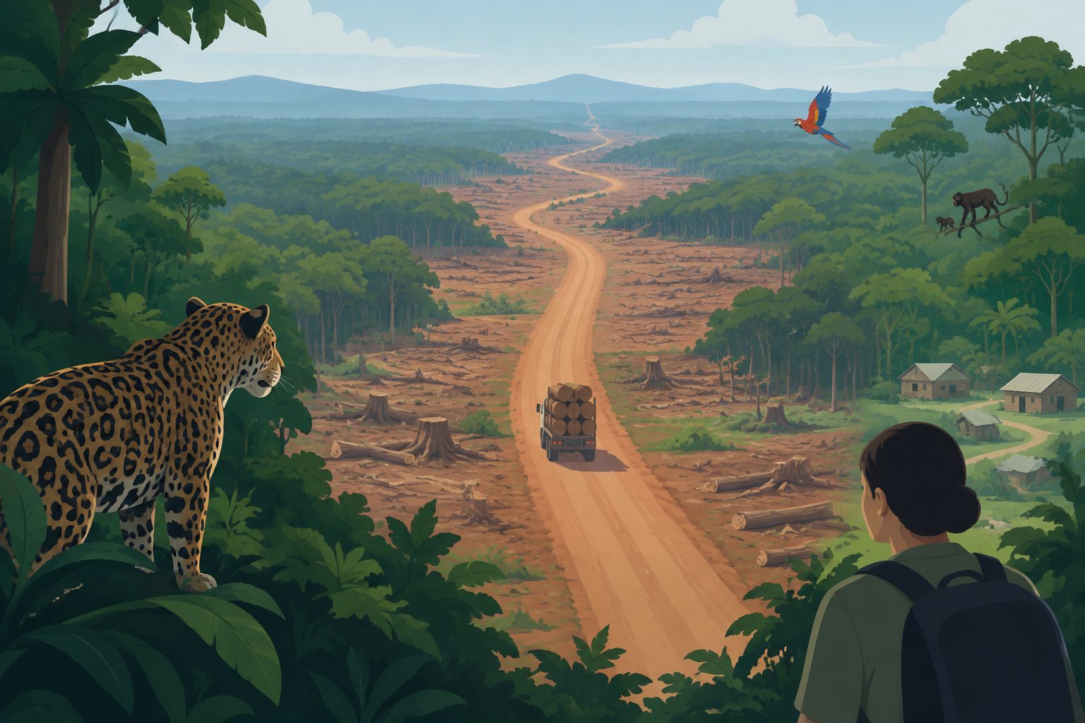 Abstract editorial illustration accompanying the article: Tropical forest roads drive clearing for kilometres, while health effects go unstudied