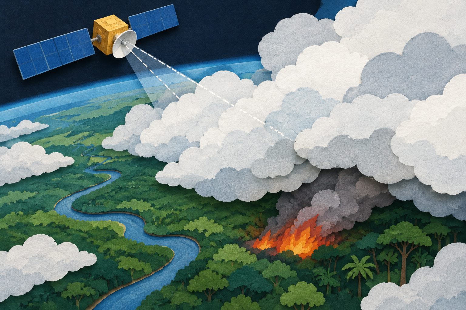 Abstract editorial illustration accompanying the article: Satellites can miss powerful fires in some cloudy equatorial regions