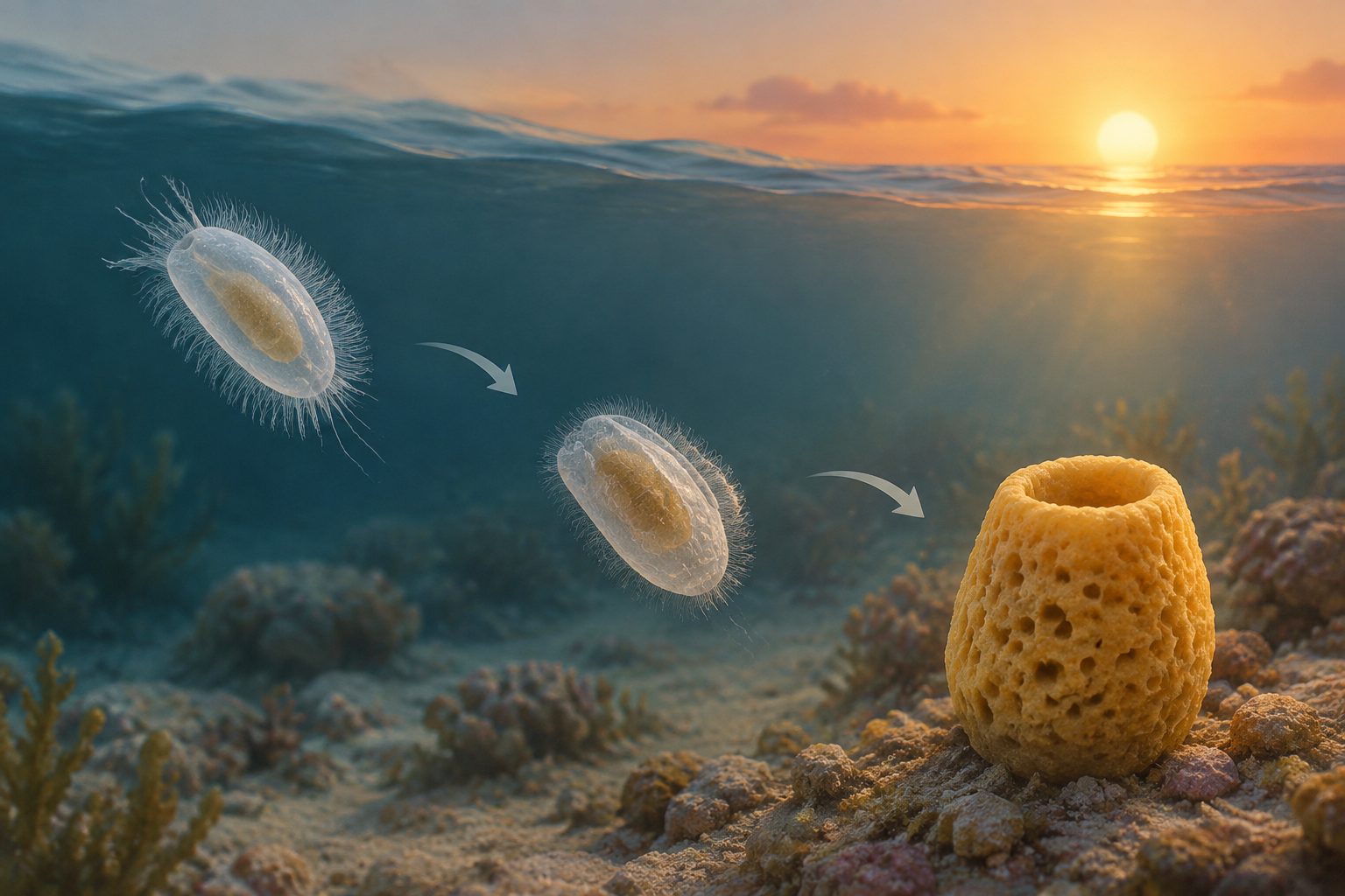 Abstract editorial illustration accompanying the article: Sunset appears to ready sea sponge larvae for a rapid change of body form