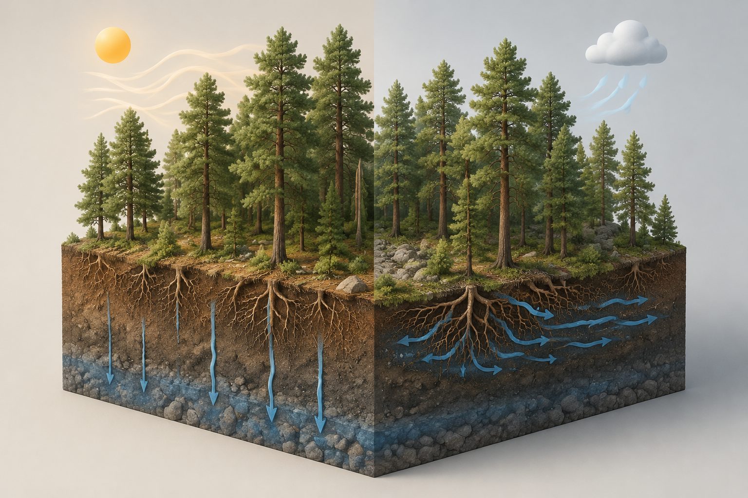 Abstract editorial illustration accompanying the article: In a mature pine forest, dry air changed how water moved through the soil